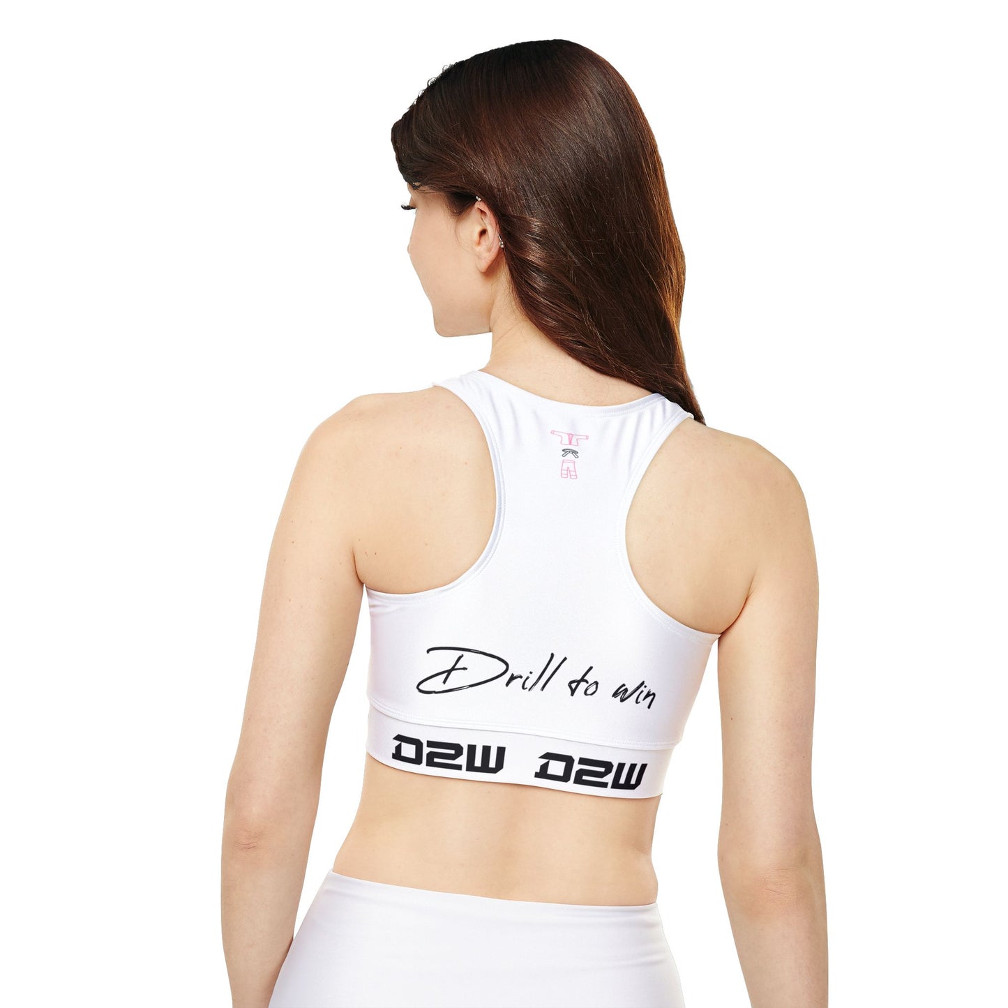 Fully Lined, Padded Sports Bra White with Pink Bjj Gi monogram