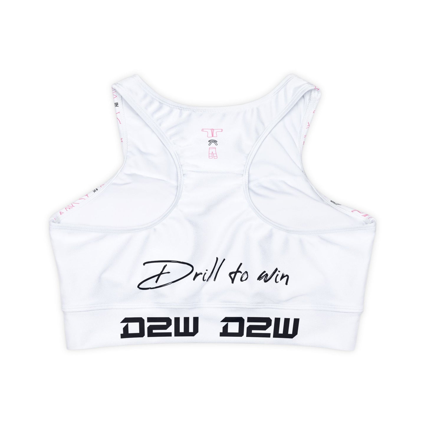 Fully Lined, Padded Sports Bra White with Pink Bjj Gi monogram